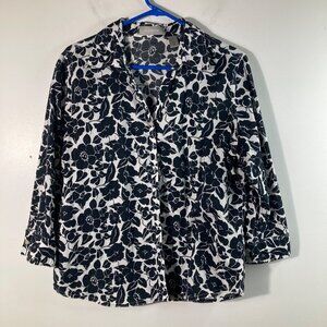 Womens Liz Claiborne V Neck Floral Button Shirt XL Cotton Black White 3/4 Sleeve